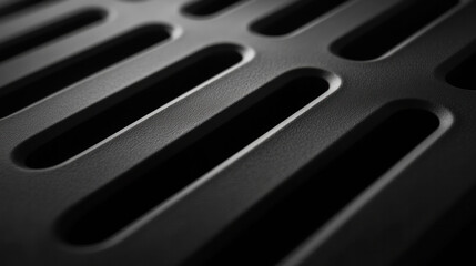 Poster - A close up of a black metal grate with a lot of detail. The image is black and white and has a very dark and moody feel to it