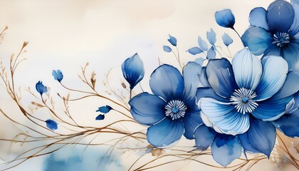 Poster - blue watercolor flowers on a white background with copy space.