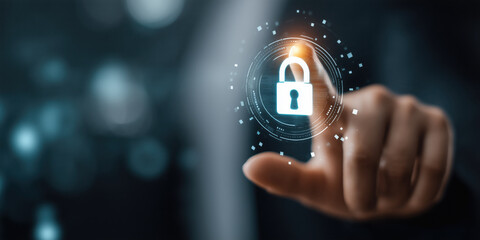 Poster - glowing lock icon symbolizes cybersecurity, with hand pointing towards it in digital interface