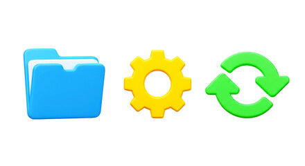 Essential System Icons: Blue Folder, Yellow Gear & Green Refresh Arrows - 3D Render for File Management, Settings, Updates, Data Synchronization & Digital Workflow on white