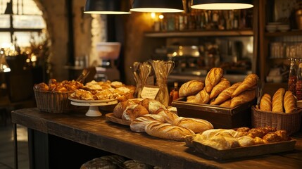 Poster - Rustic wooden table filled with golden-brown bread, baguettes, and pastries in a cozy bakery setting