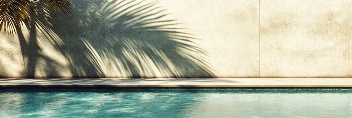 Wall Mural - serene tropical poolside scene with palm tree shadows casting elegant patterns on a textured wall be