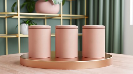 Poster - Three cylindrical containers on a round tray with background decor
