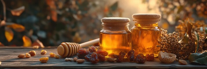 Poster - Inviting still-life of honey jars with nuts and dried fruits in golden sunlight showcasing earthy textures and natural beauty