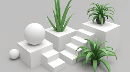 Poster - Geometric shapes and plants arranged on a gray background