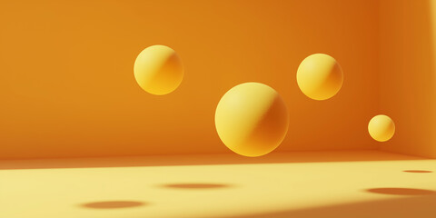 Poster - Four yellow spheres floating in a minimalist orange room with shadows