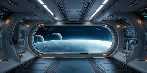 Poster - Spaceship corridor showing blue planet and moons through large window