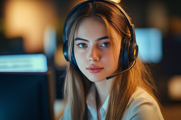 Aufkleber - Focused female call center agent providing support to clients during night shift