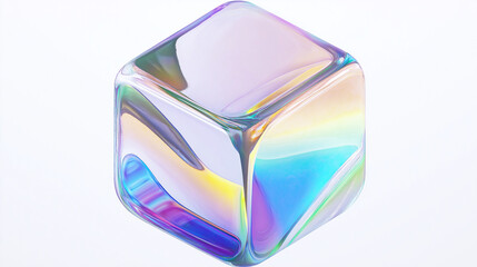 Fototapete - Iridescent glass cube shining with rainbow colors on white background
