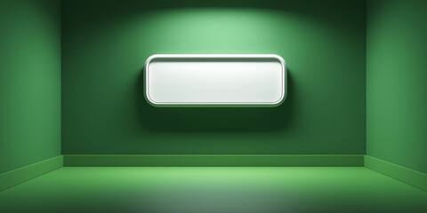 Poster - Empty white frame hanging on green wall in a green room illuminated by spotlights