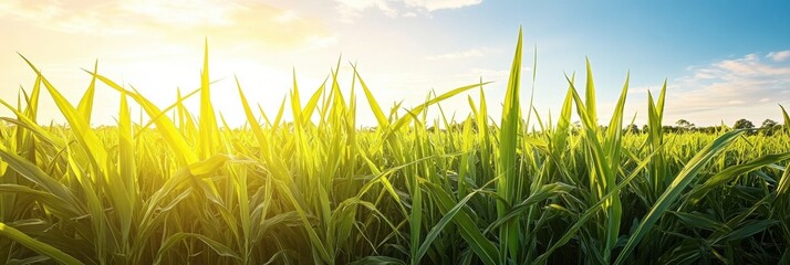 Poster - Vast sugarcane plantation stretches toward the horizon under a bright blue sky illuminated by golden sunlight