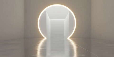 Poster - Bright glowing light circle illuminating futuristic corridor