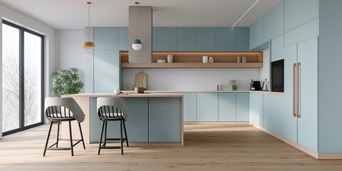 Aufkleber - Modern minimalist kitchen interior with island and bar stools illuminating winter view