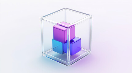Leinwandbilder - Glass cube containing vibrant purple and blue cubes: a 3d render of geometric shapes