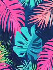 Poster - Vibrant tropical background featuring palm leaves in neon pink, blue, and green for a stylish jungle aesthetic