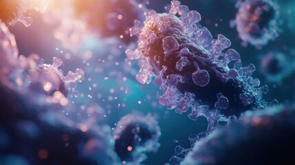 Fototapete - 3D visualization of AAV virus particle showcasing detailed protein structure and bioluminescent glow in a microscopic fluid environment