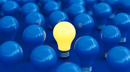 Aufkleber - Glowing light bulb standing out from crowd of blue light bulbs