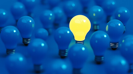 Aufkleber - Yellow light bulb standing out from the crowd of blue light bulbs