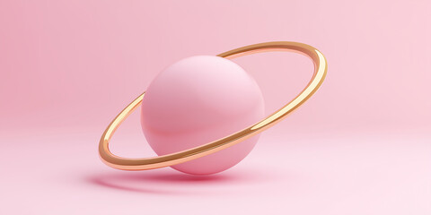 Aufkleber - Pink planet rotating with golden ring on pink background