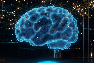 Fototapete - Glowing blue human brain generating connections and ideas in digital environment