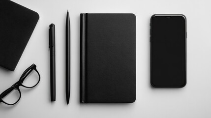 Poster - Organized flat lay of monochrome office essentials including a notebook, pen, glasses, and a phone for a stylish workspace setup