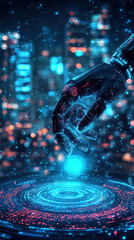 Poster - A hand is reaching out to touch a glowing blue ball. The image has a futuristic and technological feel to it, with the city in the background and the glowing ball in the foreground