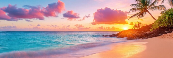 Poster - Vibrant tropical beach at sunset with turquoise waters, golden sand, and swaying palm trees