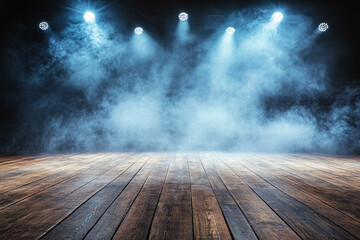 Poster - A stage with a spotlight on it and a foggy atmosphere. The stage is empty and the lights are on