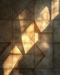 Poster - A wall with a pattern of squares and triangles. The sun is shining on the wall, creating shadows