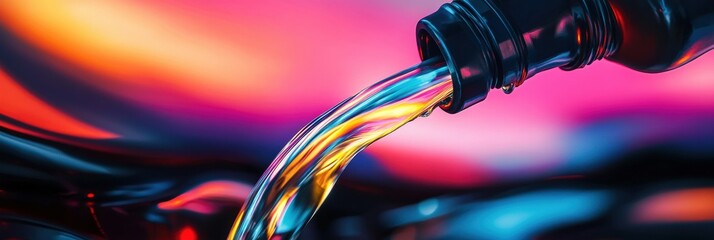 Aufkleber - Surreal macro shot of glowing neon liquid filling a car engine with vibrant colors and smooth textures in a dreamlike composition