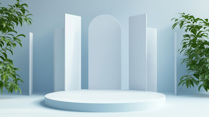 Poster - Round podium displaying products with plants on blue pastel background