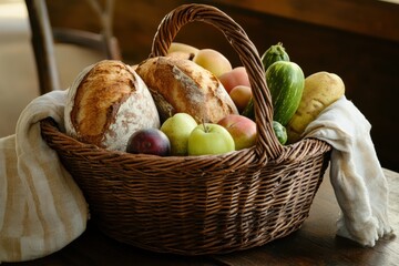 Aufkleber - Fresh organic vegetables, fruits, and homemade bread in a rustic basket surrounded by earthy tones in a nature-inspired setting
