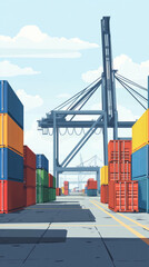 Poster - A large crane is seen in the background of a busy port. The scene is filled with many containers of various sizes and colors, including green, red, and yellow