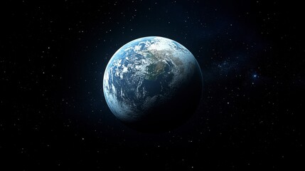 earth planet view from space, showing continents, oceans, clouds, and stars on a black background
