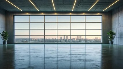 Poster - Skyline view through the window: Modern minimalist architecture featuring a vast panoramic window offering an expansive cityscape vista, complemented by sleek design elements and indoor plants.