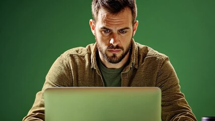 Poster - Focused Man with Laptop: A concentrated individual, deeply engrossed in his laptop. capturing his unwavering focus and determination.