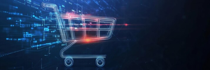 Aufkleber - Futuristic shopping cart icon illuminated by digital lines on a deep blue gradient background representing modern e-commerce technology
