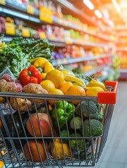Poster - Overflowing shopping cart filled with colorful produce and organic groceries in a bustling supermarket setting