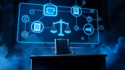 Poster - Desk and chair face a glowing blue screen displaying a network of law icons, including scales of justice. Digital justice concept in a futuristic style.