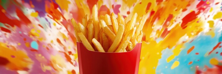 Poster - Crispy golden french fries in a red container amid bright color splashes in a fast food setting