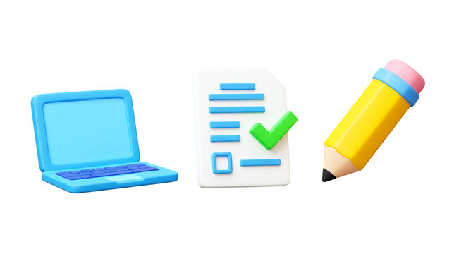 illustration of a blue laptop, a checklist with a green checkmark, and a yellow pencil isolated png
