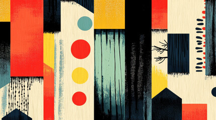 Poster - Abstract geometric illustration with bold blocks of red, yellow, orange, teal, and black, accented by textured lines and minimalist natural elements