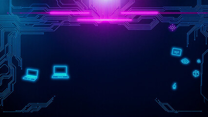 Aufkleber - futuristic digital backdrop with glowing neon blue circuit patterns, laptop icons, and abstract symb