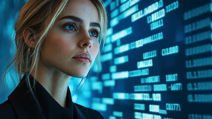 Poster - Data Analyst's Focus: A focused professional woman, her gaze intent, stands before a dynamic wall of data, her keen mind processing intricate information and insights.