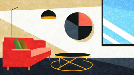 Poster - Minimalist Illustration of a Cozy Living Room with a Red Sofa, Circular Wall Art, Coffee Table, Large Window, and Ample Copy Space for Design Usage