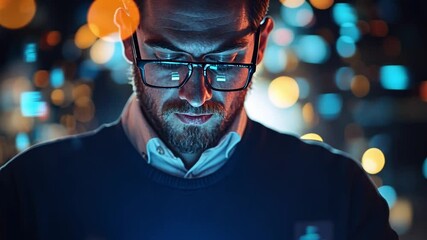 Poster - Focused Tech Savvy: A concentrated individual with glasses absorbed in a sea of digital information, the soft glow of the data illuminating his attentive face. 