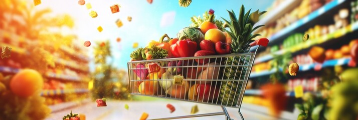 Poster - Colorful grocery cart loaded with fresh produce and organic items at a lively supermarket setting