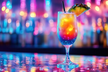 Aufkleber - Vibrant tropical cocktail gleaming amidst neon city lights during a lively night out
