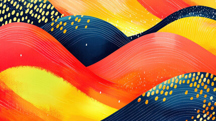 Poster - Adorable illustration featu abstract wavy colorful shapes in vibrant red orange yellow blue hues with gold speckled details perfect for copy space