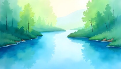 Poster - Abstract watercolor painting of a flowing river, using soft blues and greens to symbolize nature’s calming rhythms 
